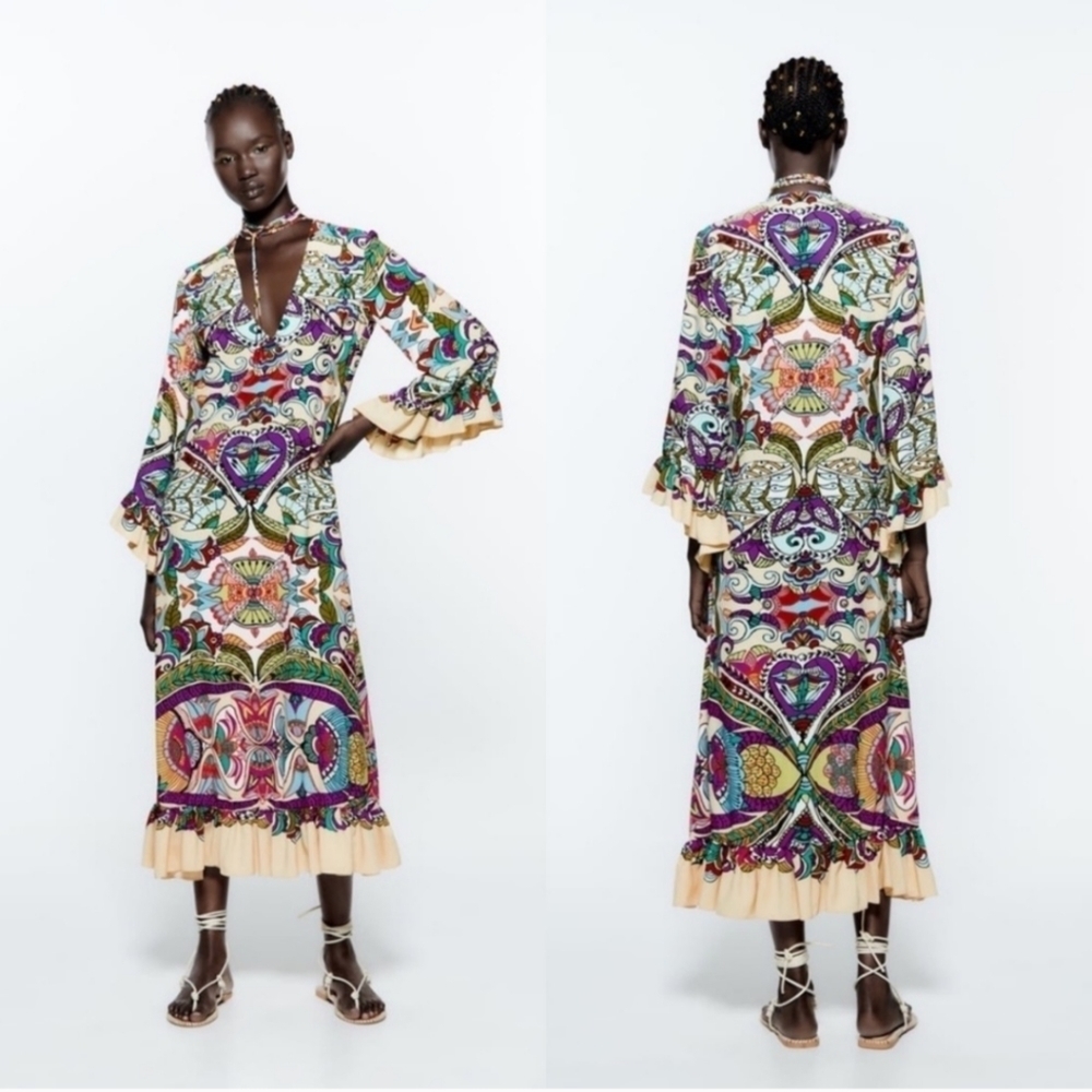 Zara Cream and Purple Resort Midi Dress with Bell Sleeves